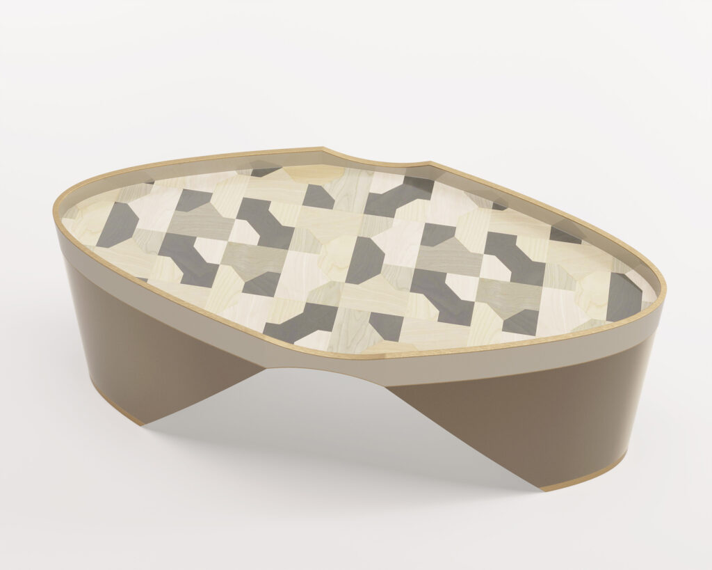 Kiran Coffee Table by Cadenza Visioni in a dark brown finish. Designed by Annette Wernick, featuring a complex geometric wood veneer inlay on a sculptural arched base.