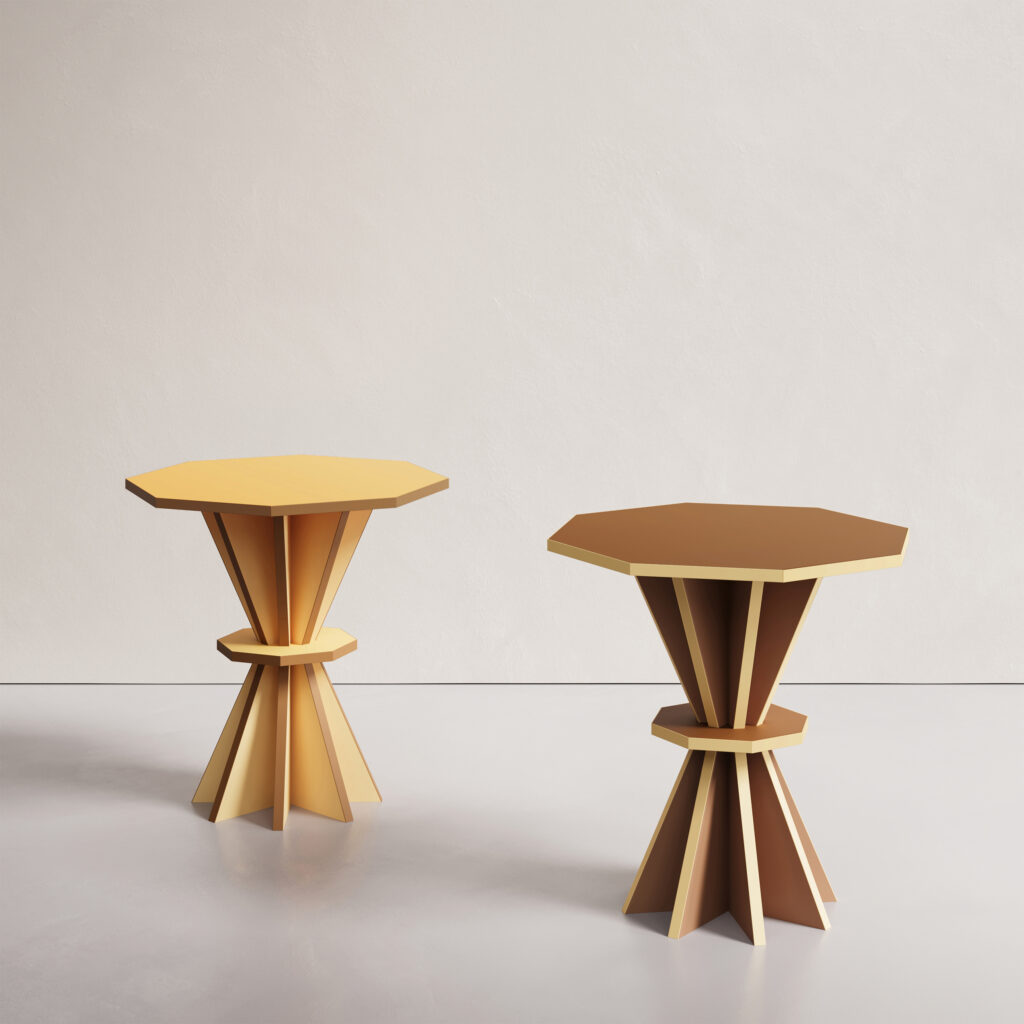 Two Cinta side tables in a warm desert yellow finish with an octagonal top and pleated geometric base, designed by Annette Wernick.