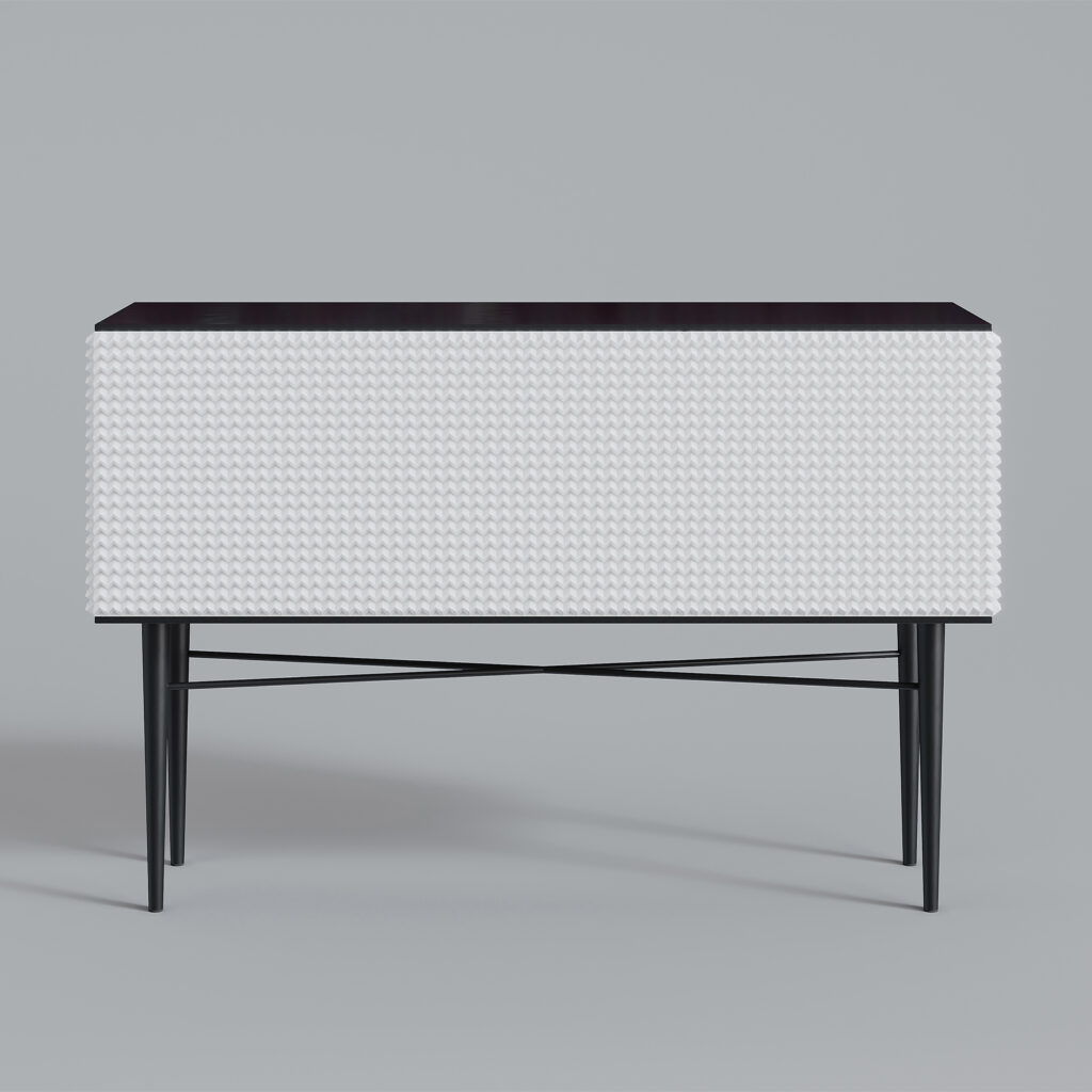 White Nights Sideboard by Cadenza Visioni, designed by Annette Wernick. A modern luxury credenza with a white studded texture and a minimalist black architectural base.