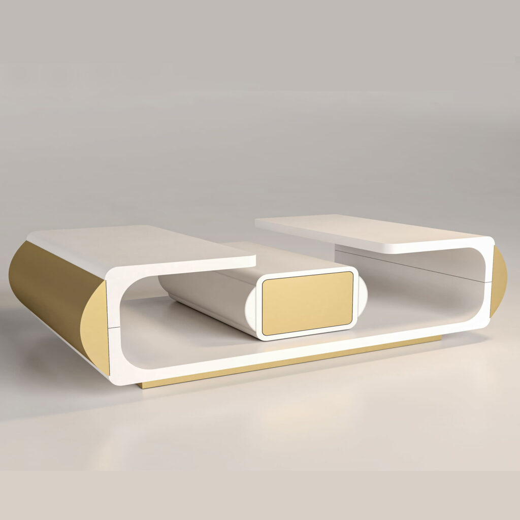 Capsule Coffee Table by Cadenza Visioni, designed by Annette Wernick. A futuristic white modular coffee table with soft rounded edges and gold-toned interior accents.