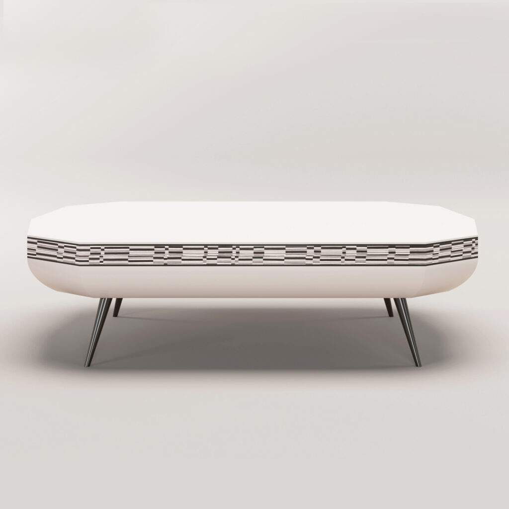 Grand Polygon Coffee Table by Cadenza Visioni, designed by Annette Wernick. A modern low coffee table featuring an intricate wood veneer pattern on the side.