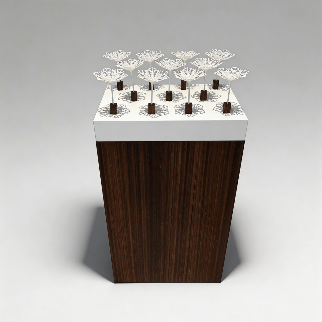 Triton Garden artwork by Annette Wernick for Cadenza Visioni. A sculptural wooden pedestal with 3D-printed white ice flowers.