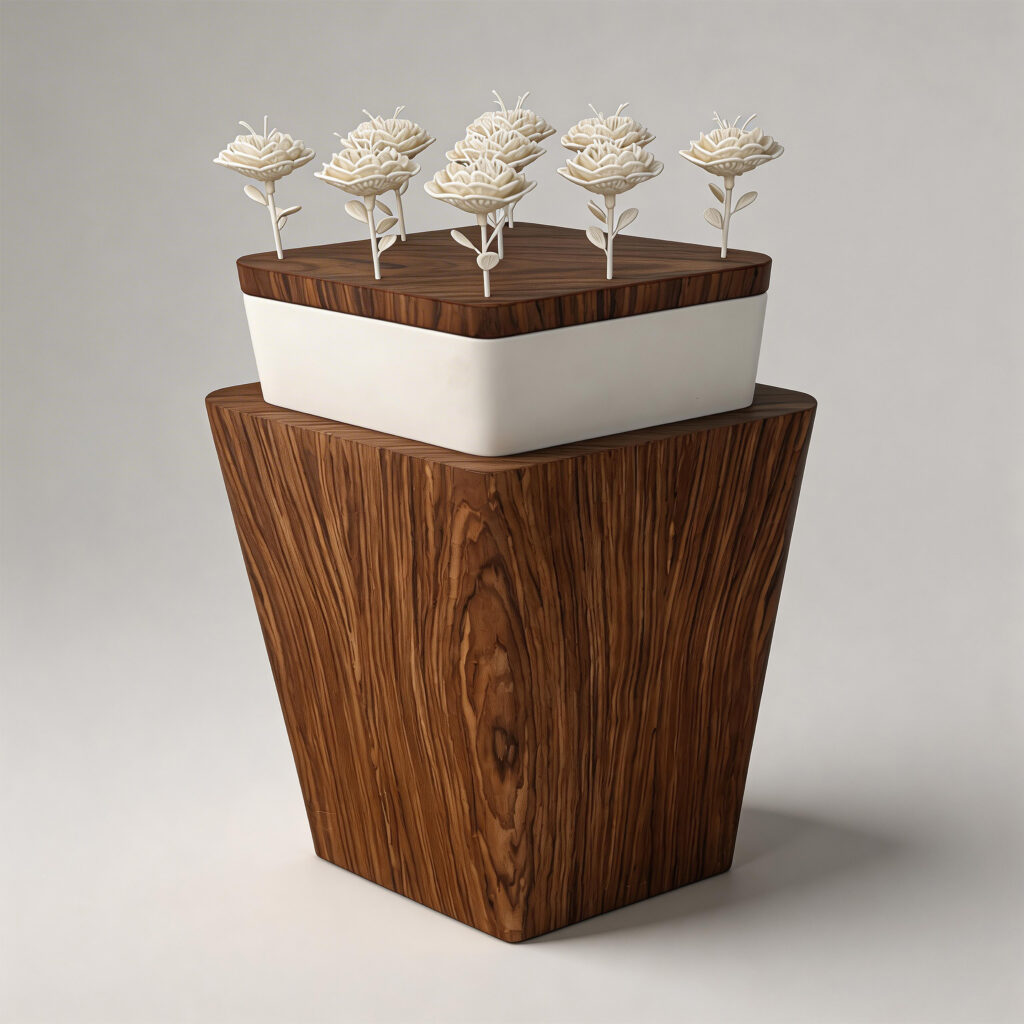 Elysia artwork by Annette Wernick for Cadenza Visioni. A sculptural wooden pedestal featuring a white centerpiece topped with delicate 3d printed roses.