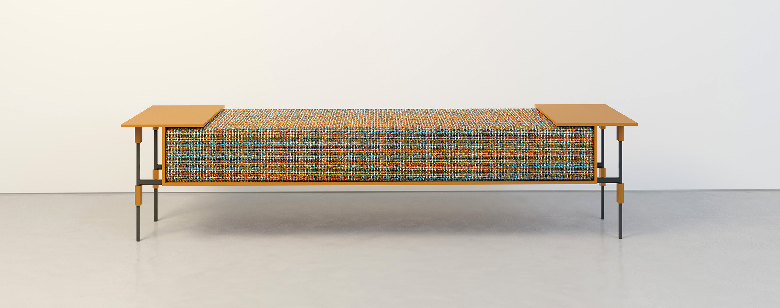 A long, architectural Linear Bench by Cadenza Visioni with a powder-coated metal frame, featuring a textured upholstery seat and two integrated warm wood side surfaces, designed by Annette Wernick.
