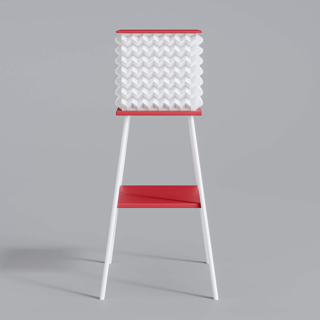 Ziggy High Cabinet by Cadenza Visioni, designed by Annette Wernick. A sculptural red and white storage piece with a unique textured accordion body and slender white legs