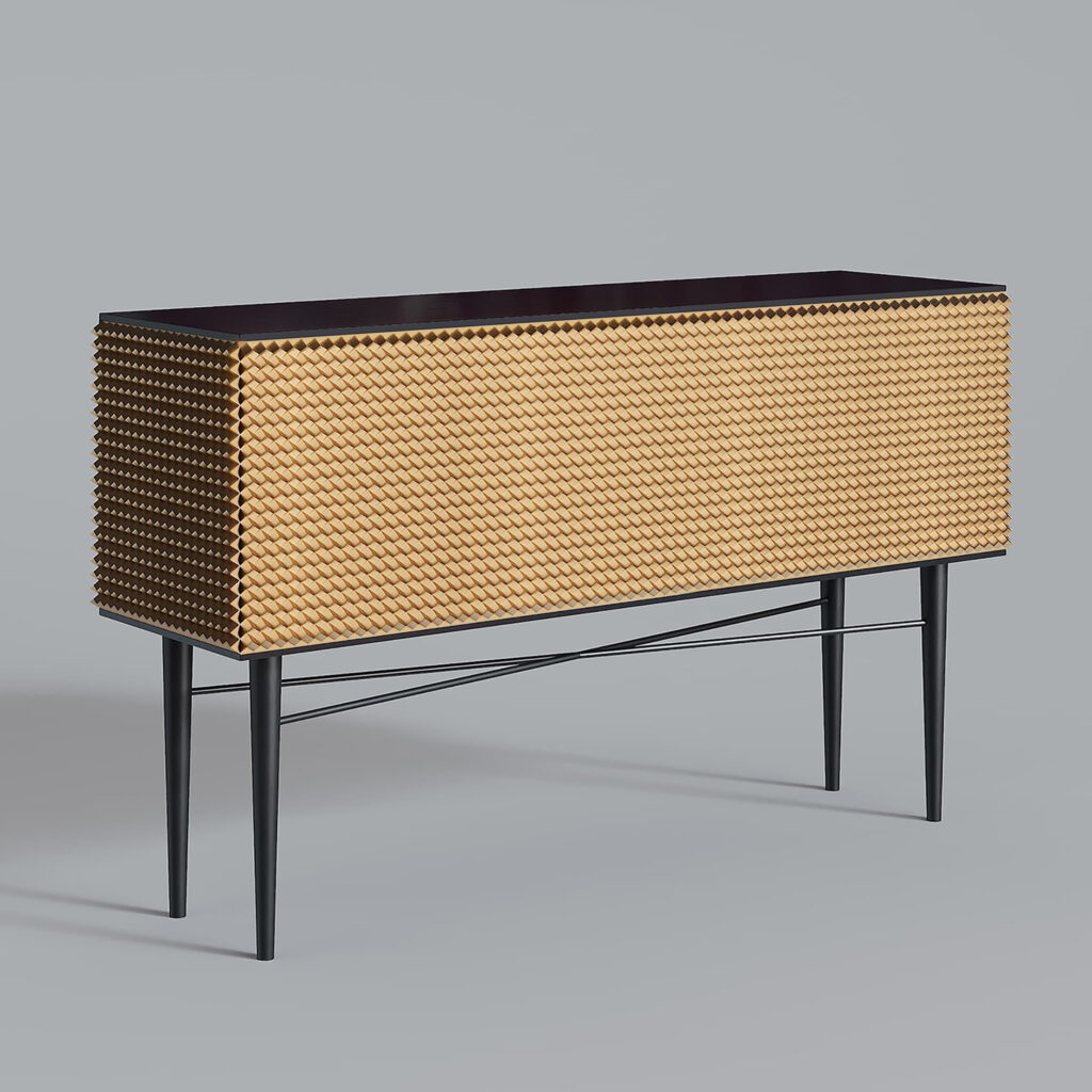 1001 Nights Sideboard by Cadenza Visioni, designed by Annette Wernick. A luxury credenza with a shimmering gold textured front and a minimalist black architectural base.