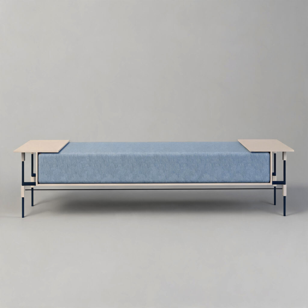 Linear Bench in light blue and cream from the OPEN collection by Cadenza Visioni. Modern architectural bench with blue metal frame and integrated light wood side tables.