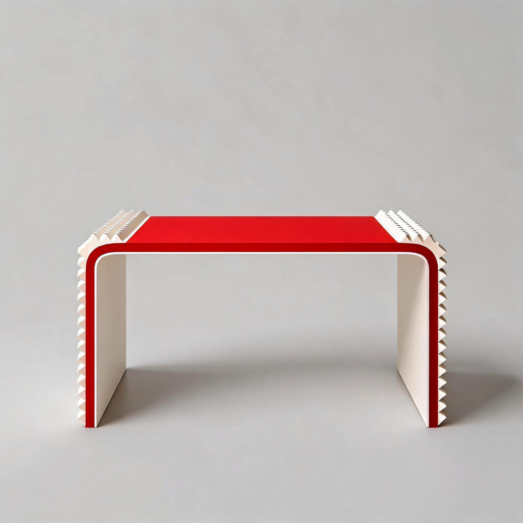 Front view of the Cascade side table with a bold red top and white textured sides, designed by Annette Wernick for Cadenza Visioni.
