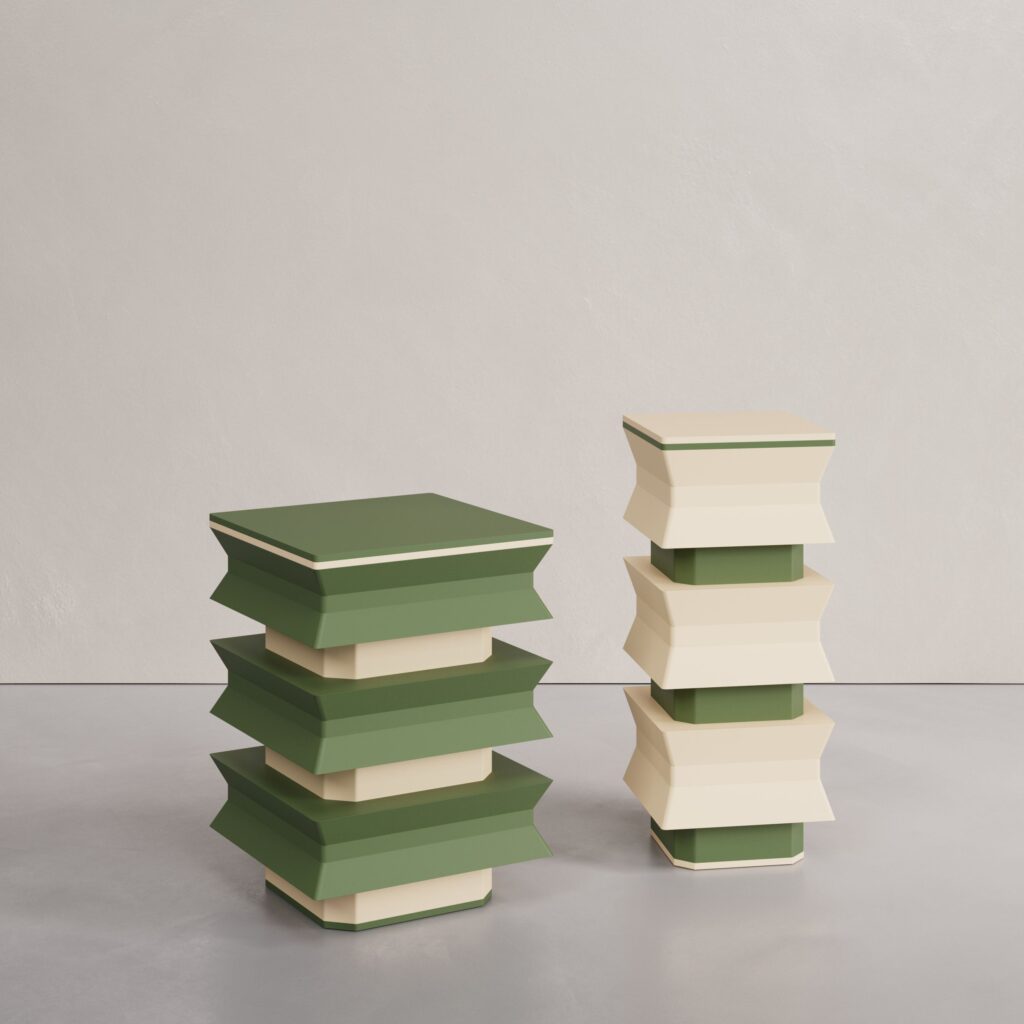 The Brut Twin-Tables in lacquered MDF from the In the Glass collection by Cadenza Visioni by Annette Wernick, showcasing an olive green and cream beige concave curved design.