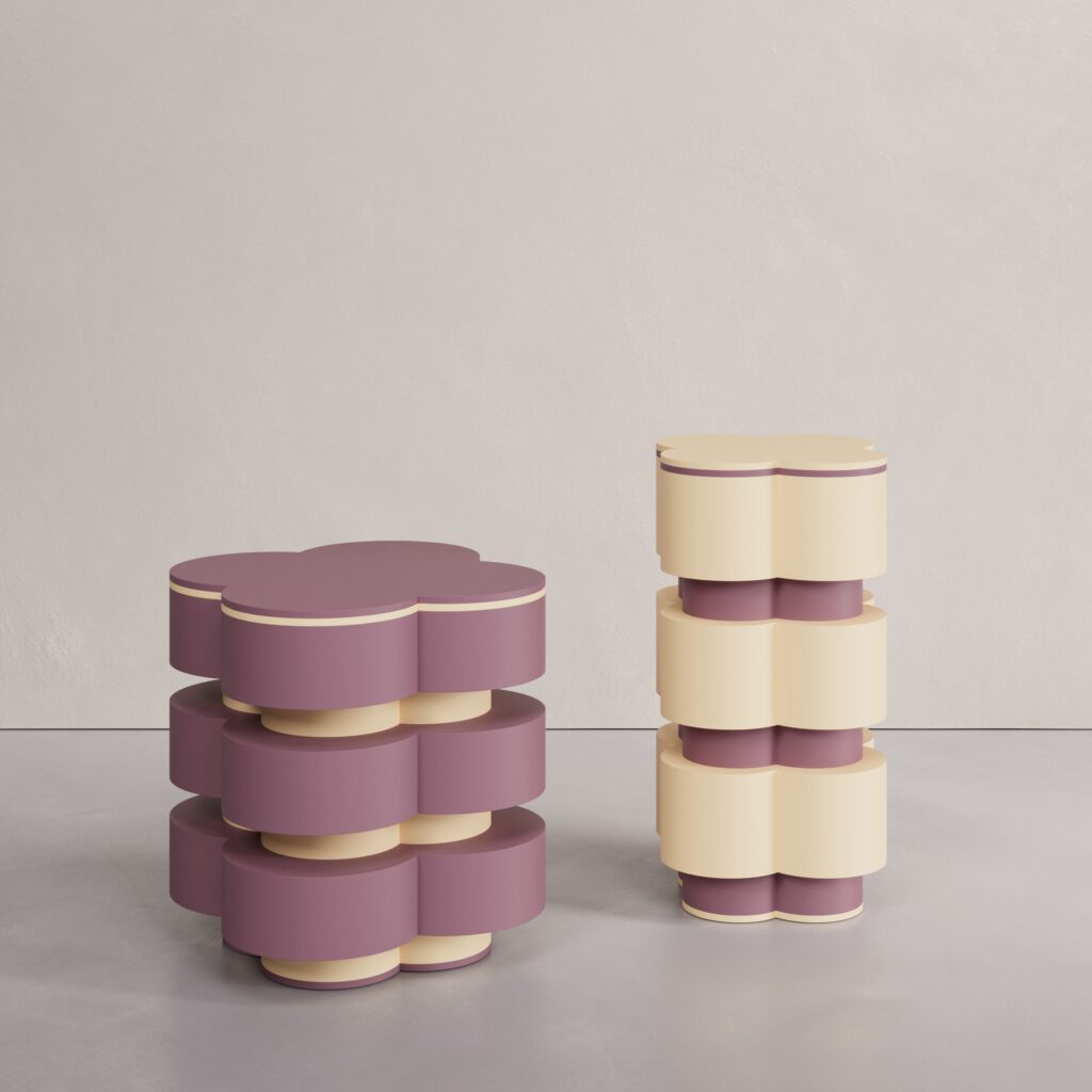 The Doux Twin-Tables in lacquered MDF by Cadenza Visioni by Annette Wernick, showcasing a plum purple and cream beige stacked clover-shaped design.