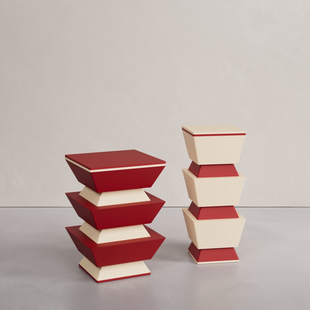 The Extra Brut Twin-Tables in lacquered MDF from the In the Glass collection by Cadenza Visioni by Annette Wernick, showcasing a deep red and cream beige inverted pyramid design.