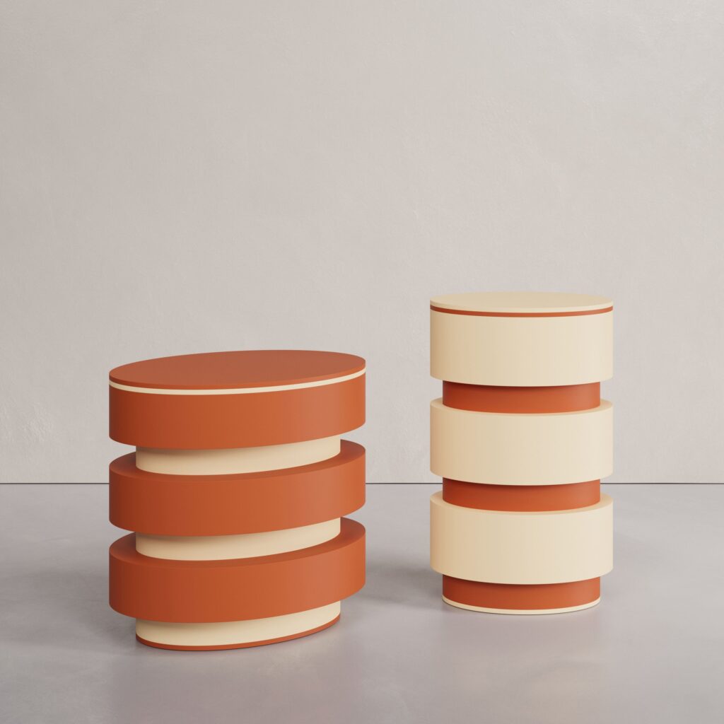 The Extra Sec Twin-Tables in lacquered MDF by Cadenza Visioni by Annette Wernick, showcasing a terracotta orange and cream beige oval and cylindrical design.