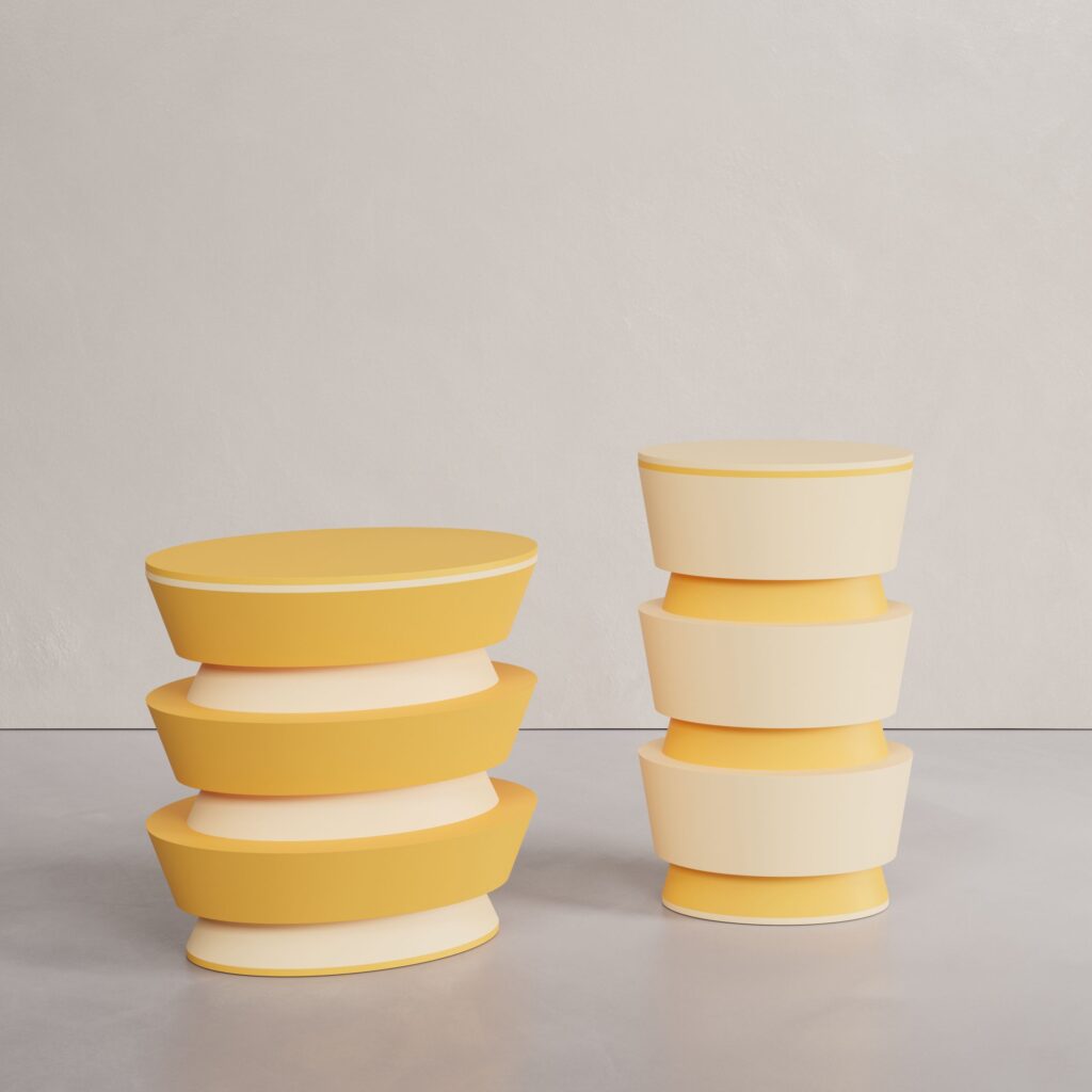 The Sec Twin-Tables in lacquered MDF by Cadenza Visioni by Annette Wernick, showcasing a pastel yellow and cream beige stacked conical and oval design.