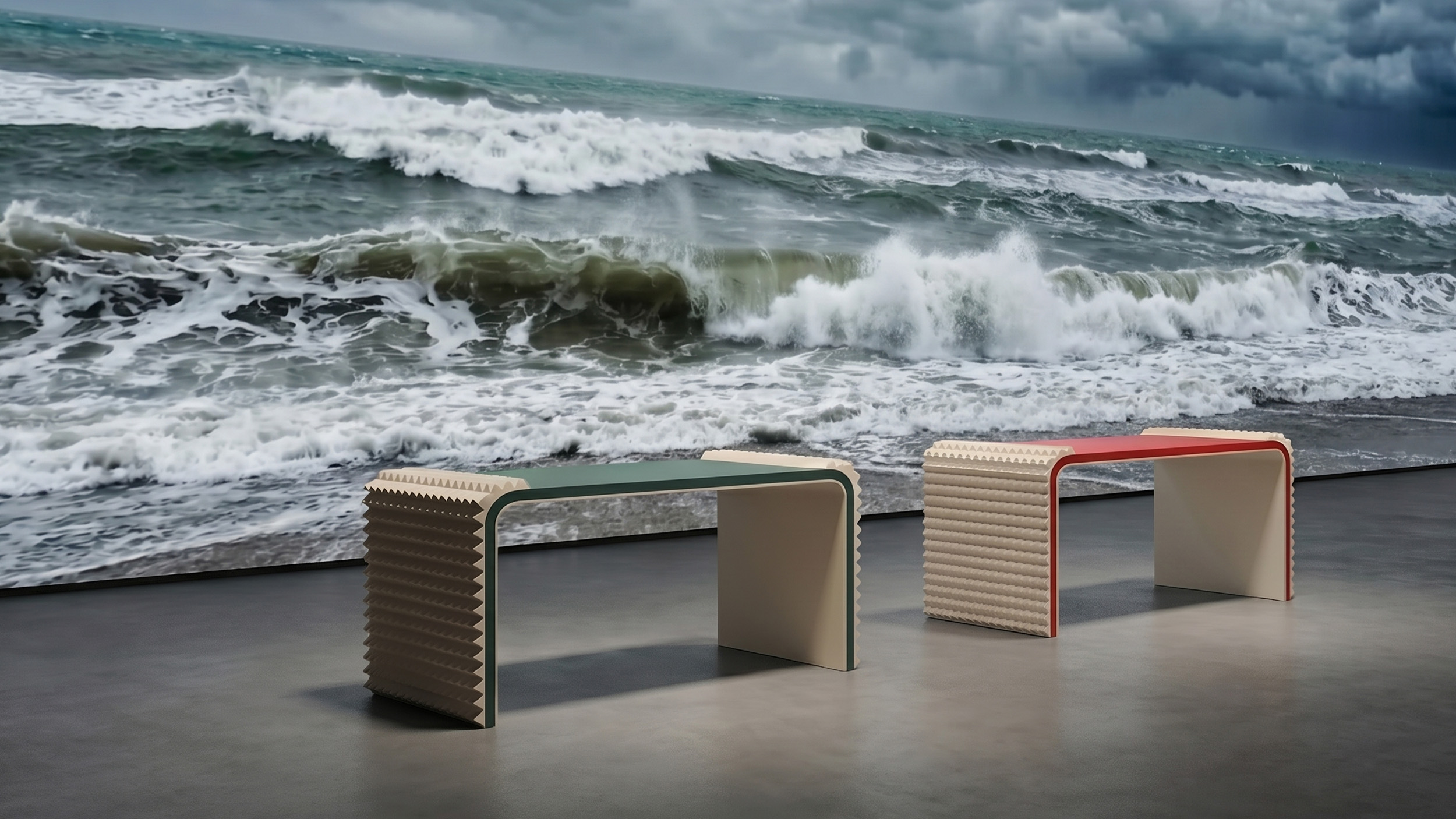 Minimalist designer console tables by Cadenza Visioni by Annette Wernick in green and red with corrugated wave-textured sides in front of an ocean wave backdrop.