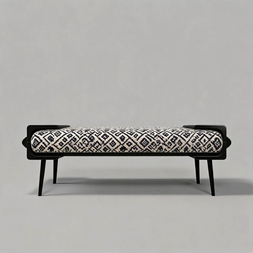 Firenze Bench by Cadenza Visioni, designed by Annette Wernick. A modern upholstered bench with a black wrap-around frame, black and white cushion, and tapered black legs.