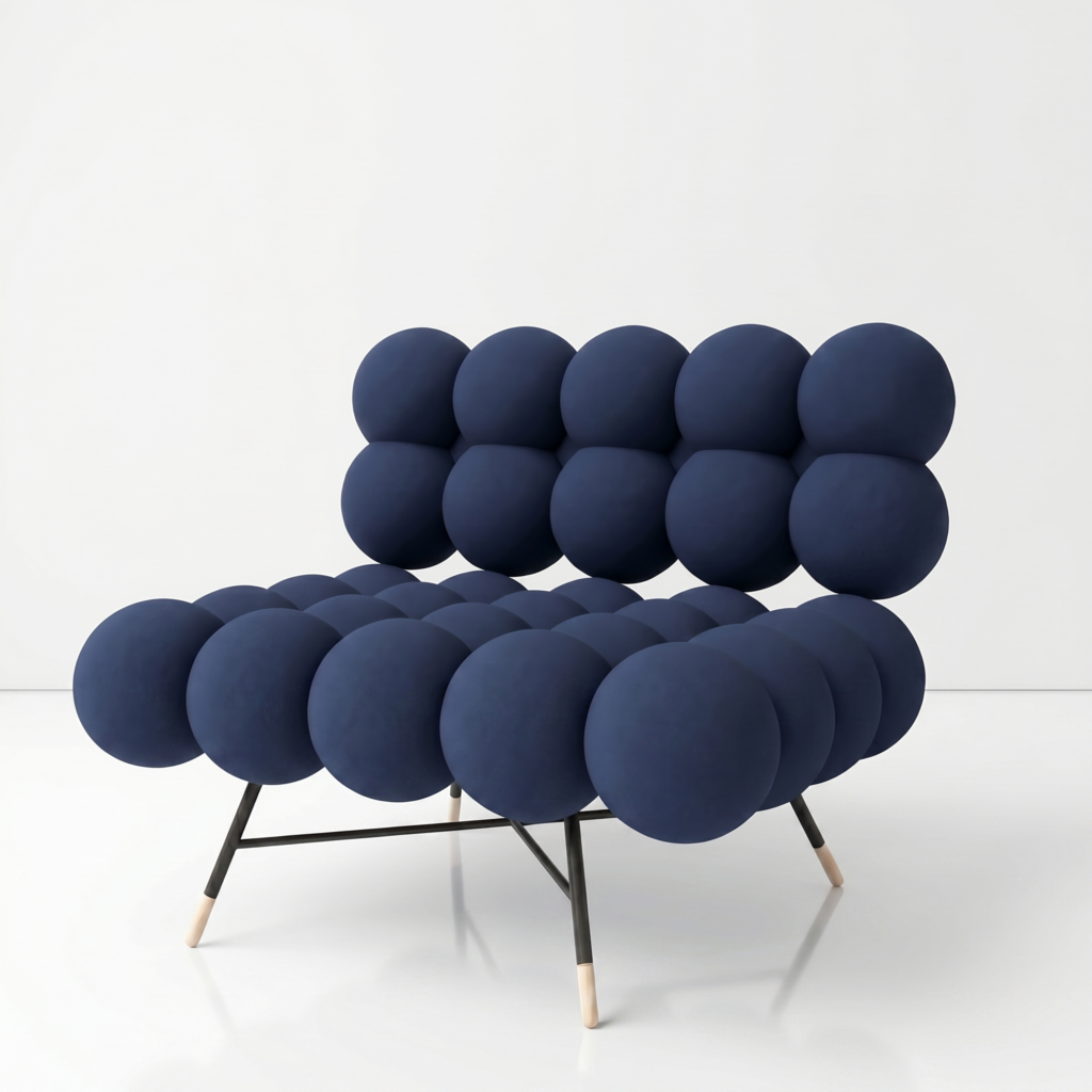 Front perspective of the Jimmy Lounge Chair with dark blue spherical cushions and a minimalist black frame, designed by Annette Wernick.