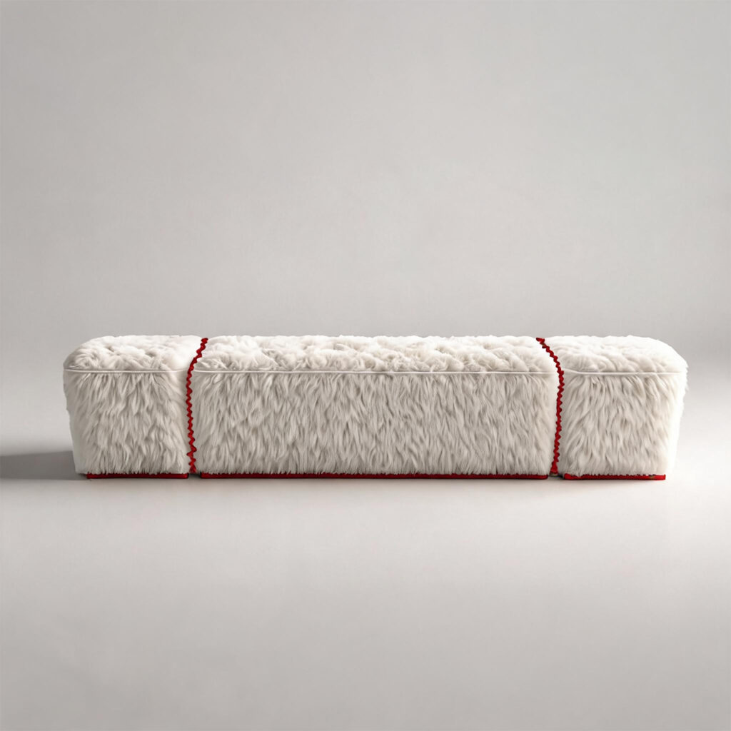 Customization options for the Plush Bench by Cadenza Visioni. Comparison of decorative banding in patterned black and solid red on white long-haired fur.