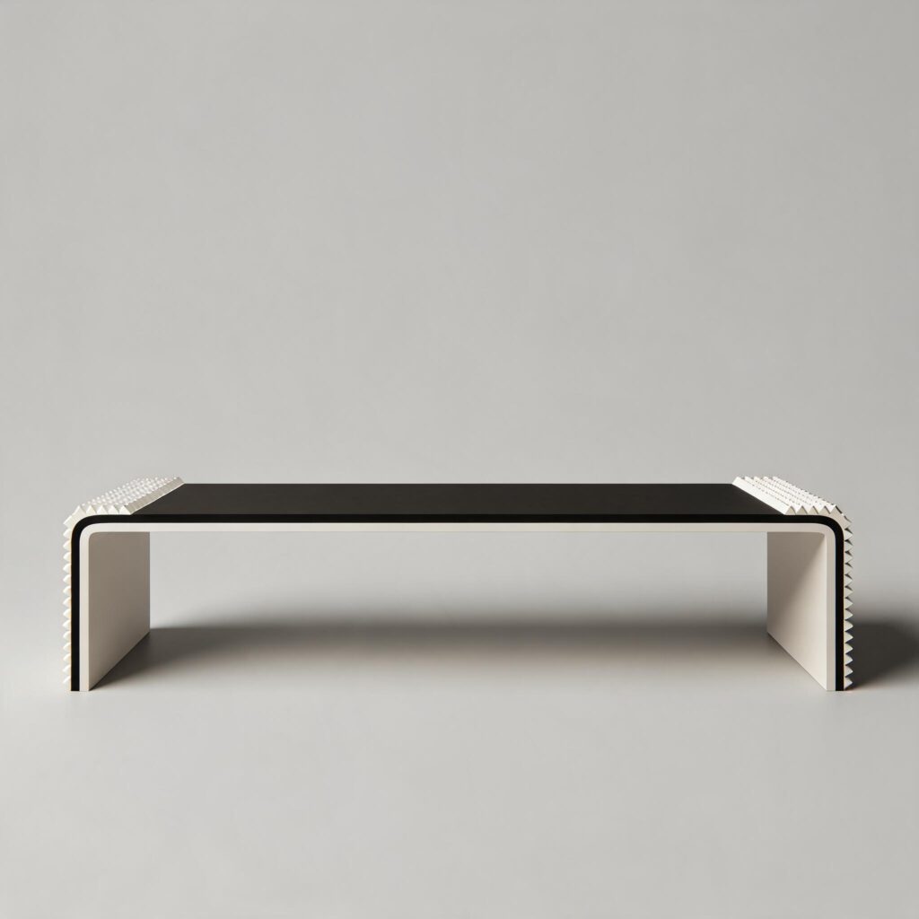Front view of the Cascade Bench with a sleek black top and white textured sides, designed by Annette Wernick for Cadenza Visioni.