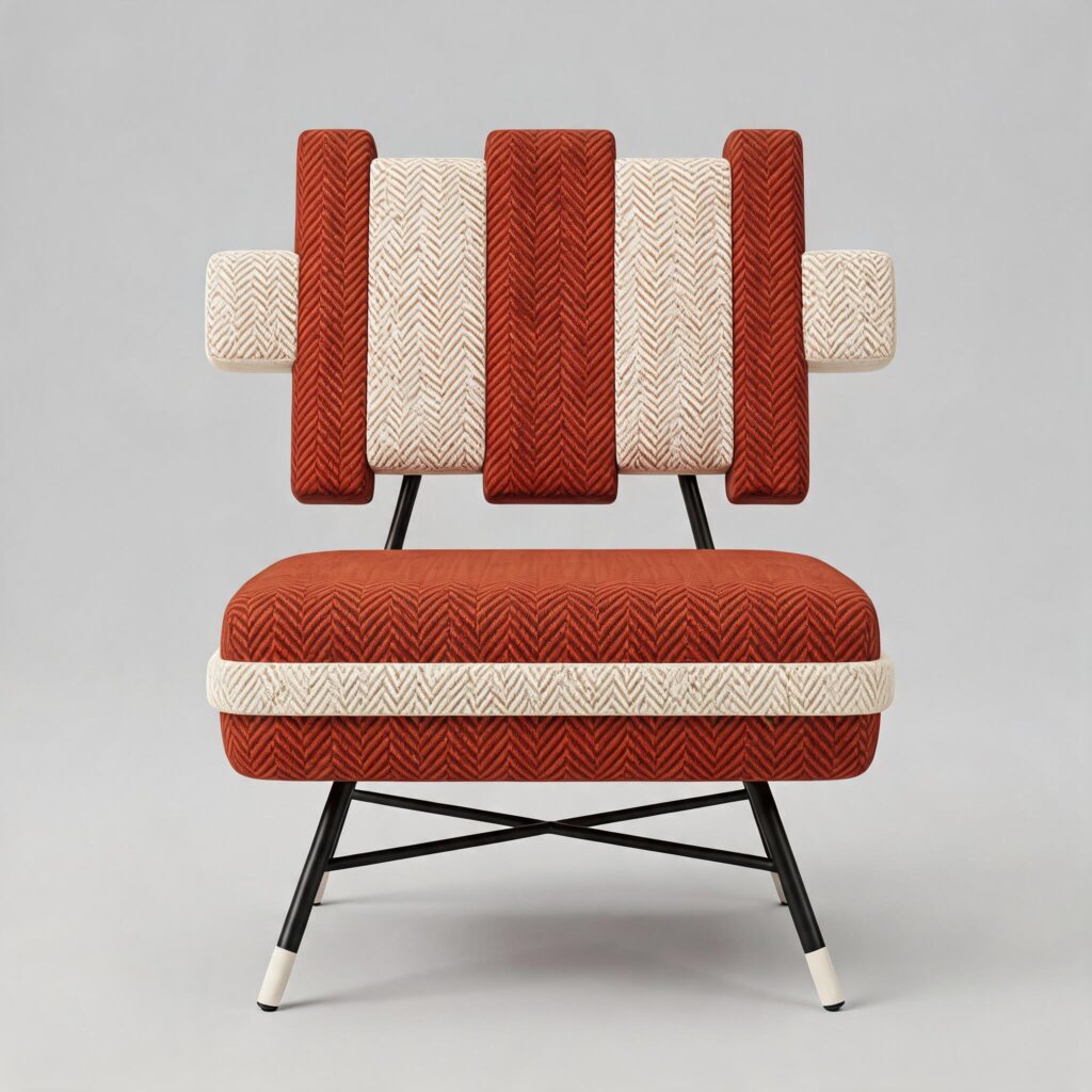 Zebra Lounge Chair by Cadenza Visioni, designed by Annette Wernick. A modern graphic armchair with rust-red herringbone fabric and white plush textured stripes.