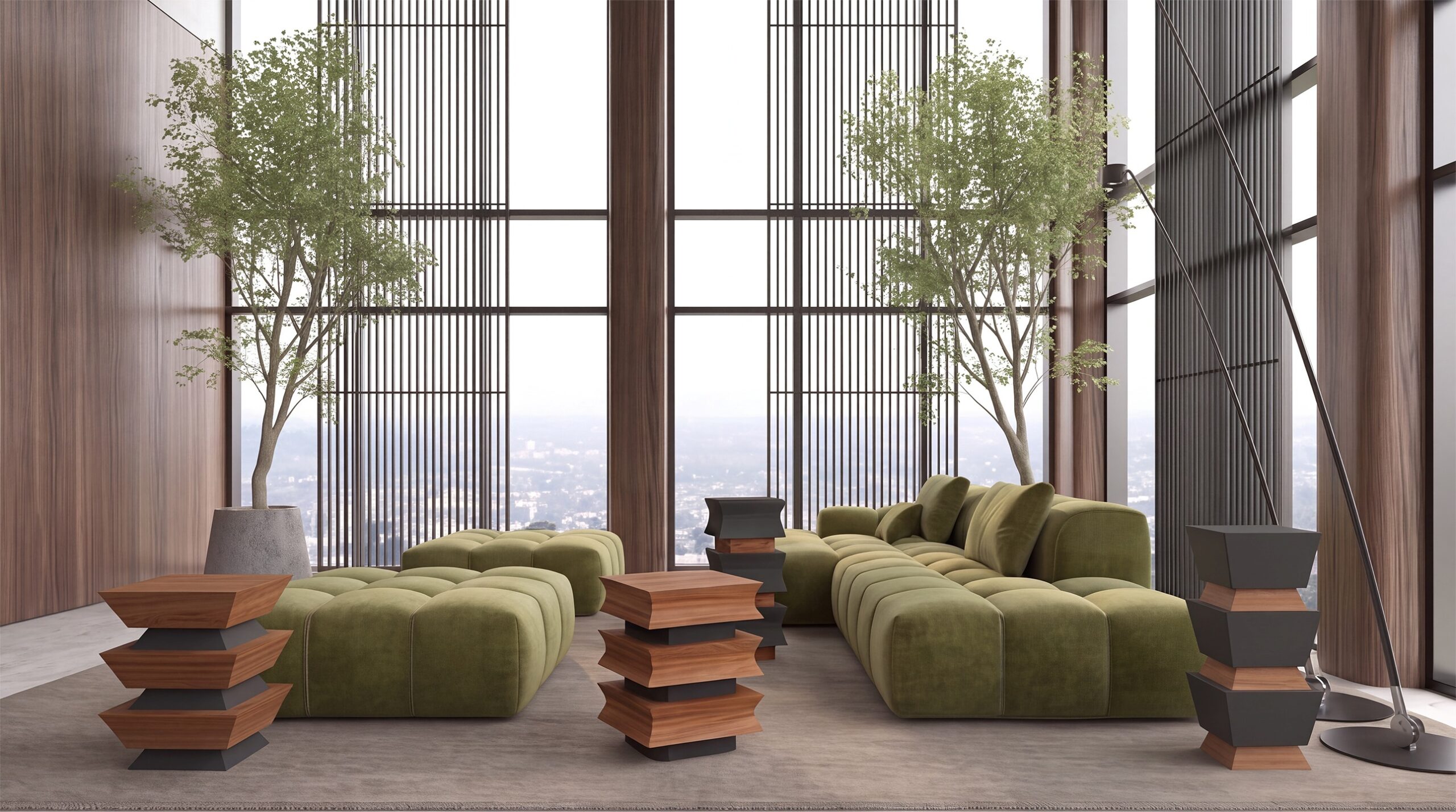 Sculptural side tables from the 'In the Glass' collection designed by Annette Wernick for Cadenza Visioni. The modern, multi-tiered wooden and dark grey tables are arranged in a luxurious lounge with olive green tufted sofas, high ceilings, large windows with vertical slats, and indoor trees.